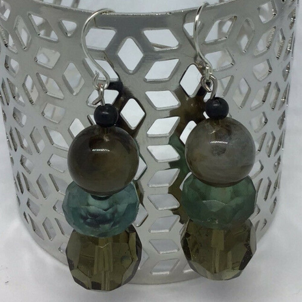 Artisan Earrings Silver Tone Glass and Stone Bead